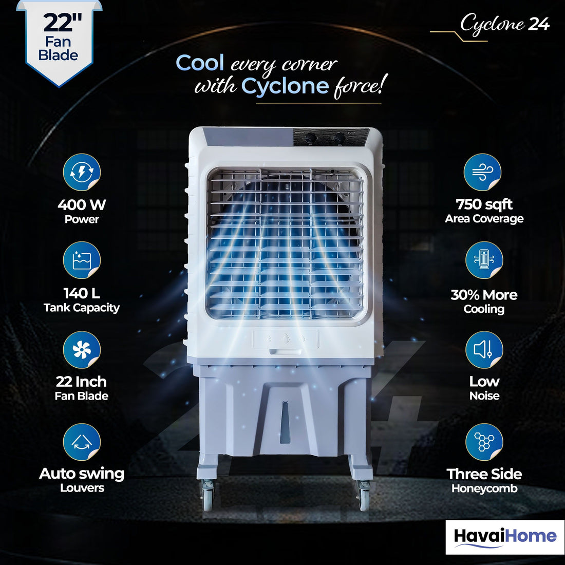 Cyclone 24 Desert Air Cooler | 24" Fan Blade | 150L Tank Capacity | 400W High-Performance Cooling | 750 Sq. Ft. Coverage | Auto Swing | Three Side Honeycomb Pads | Lockable Wheels | Grey
