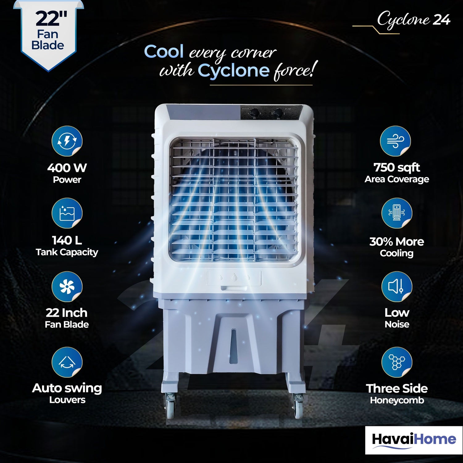 Cyclone 24 Desert Air Cooler | 24" Fan Blade | 150L Tank Capacity | 400W High-Performance Cooling | 750 Sq. Ft. Coverage | Auto Swing | Three Side Honeycomb Pads | Lockable Wheels | Grey