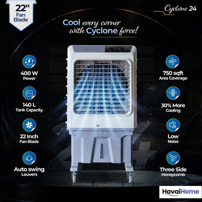 Cyclone 24 Desert Air Cooler | 24" Fan Blade | 150L Tank Capacity | 400W High-Performance Cooling | 750 Sq. Ft. Coverage | Auto Swing | Three Side Honeycomb Pads | Lockable Wheels | Grey