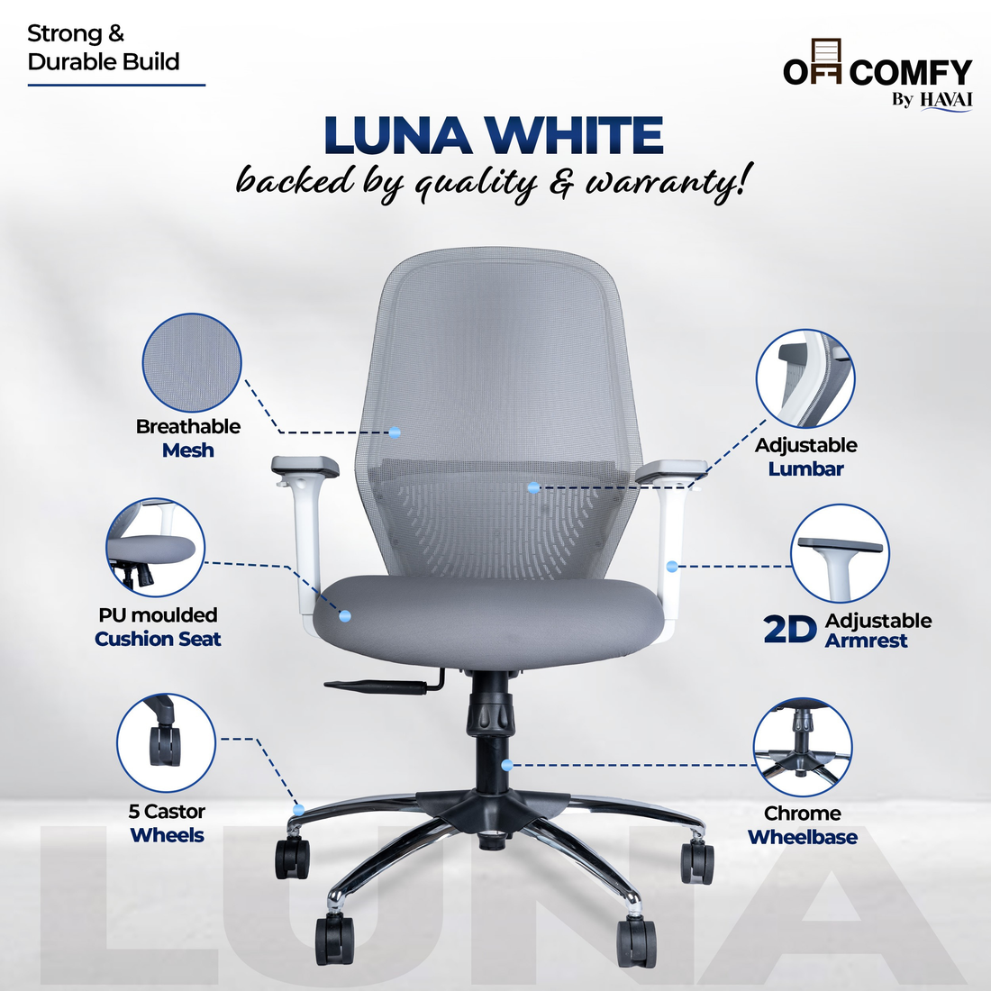 HAVAI Off-Comfy Luna Ergonomic Office Chair | Yuva Mesh Back | 2D Arms with TPU Pad | Synchro Tilt with Lock | Class 4 Samhongsa Gaslift | Claw Chrome Base | 60mm Castors (White)