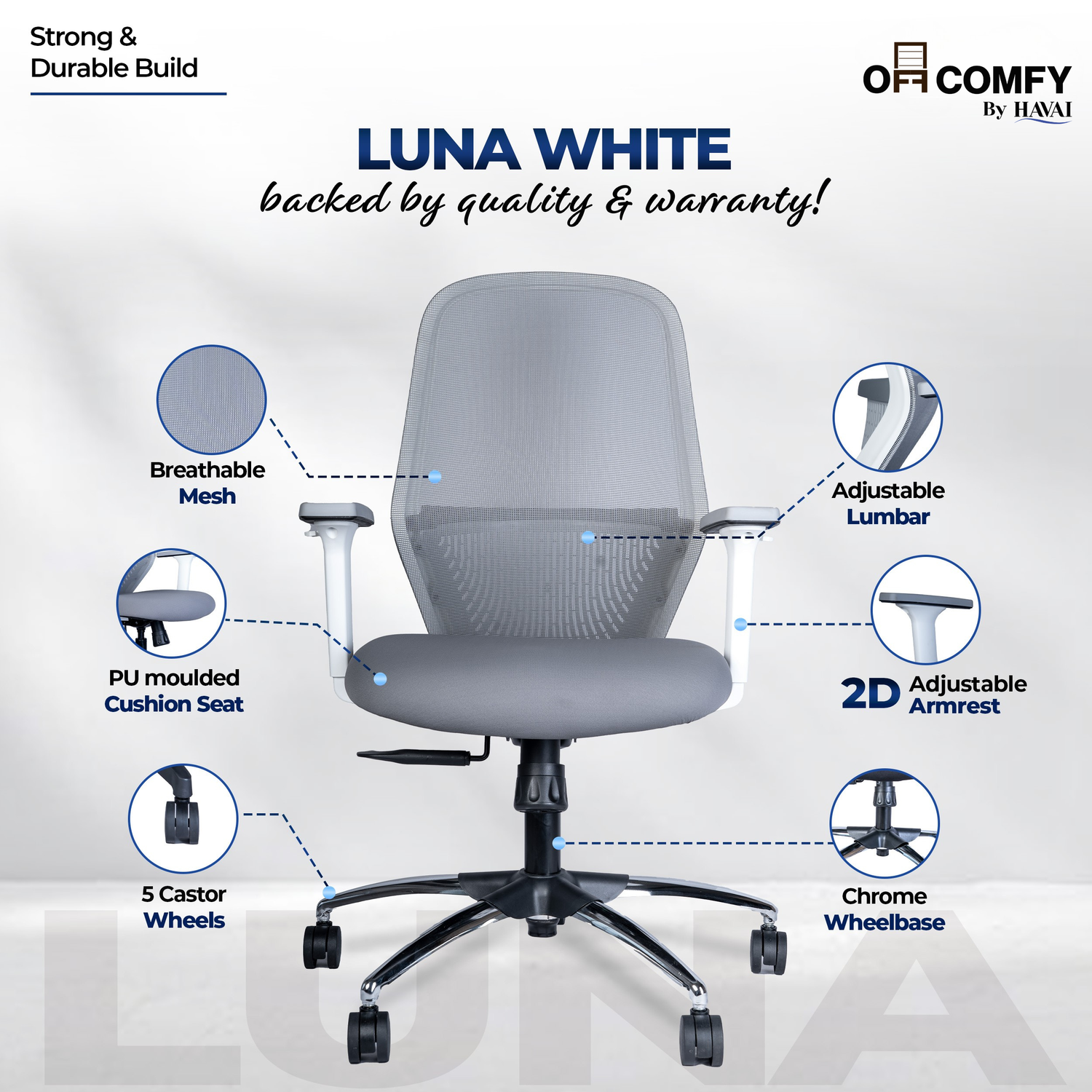 HAVAI Off-Comfy Luna Ergonomic Office Chair | Yuva Mesh Back | 2D Arms with TPU Pad | Synchro Tilt with Lock | Class 4 Samhongsa Gaslift | Claw Chrome Base | 60mm Castors (White)