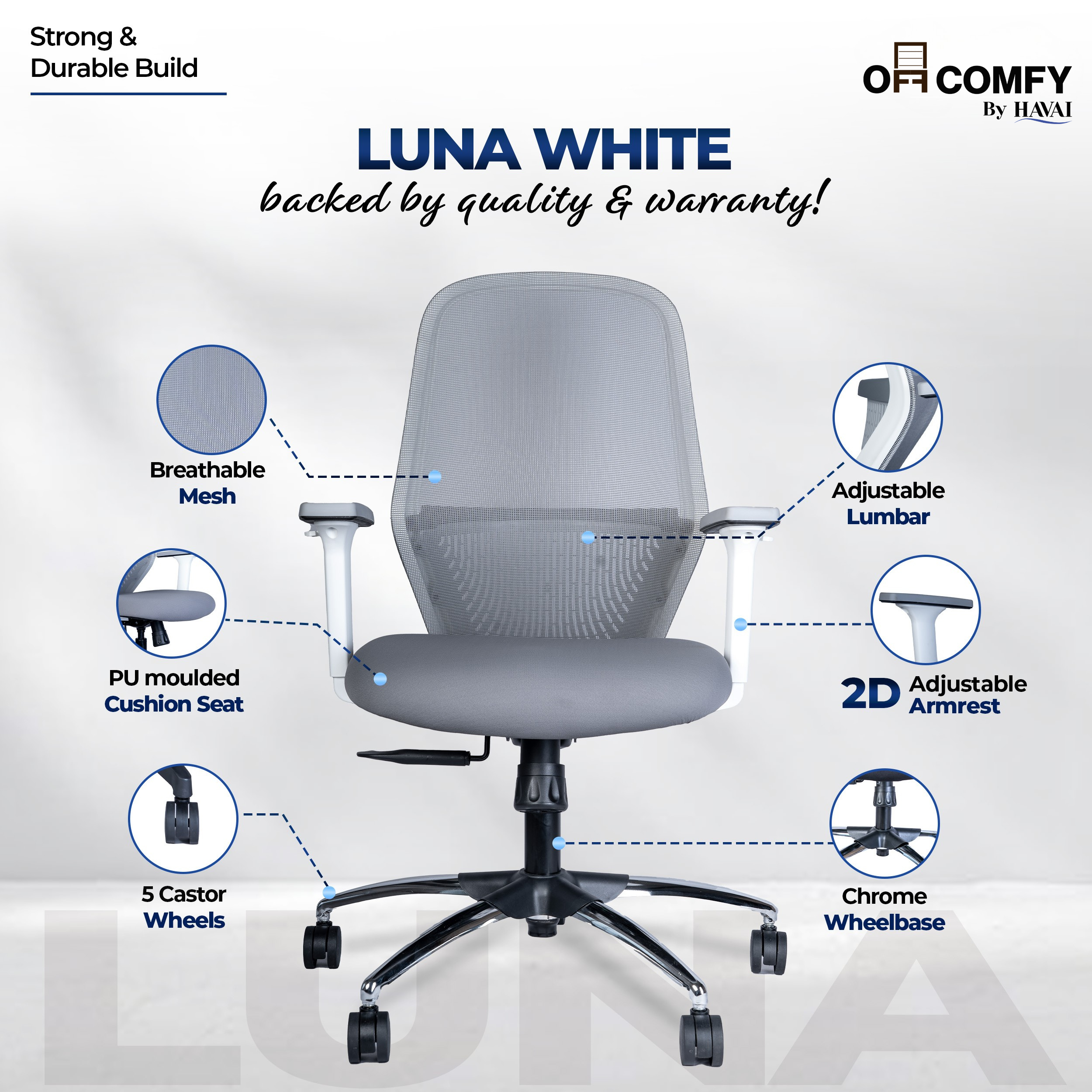 HAVAI Off-Comfy Luna Ergonomic Office Chair | Yuva Mesh Back | 2D Arms with TPU Pad | Synchro Tilt with Lock | Class 4 Samhongsa Gaslift | Claw Chrome Base | 60mm Castors (White)
