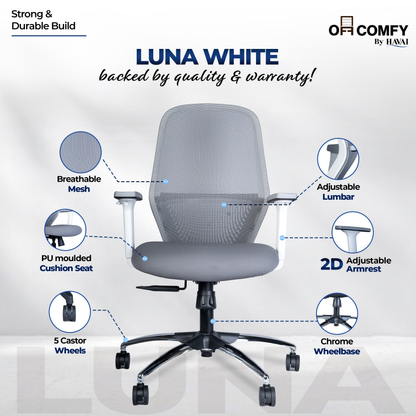 HAVAI Off-Comfy Luna Ergonomic Office Chair | Yuva Mesh Back | 2D Arms with TPU Pad | Synchro Tilt with Lock | Class 4 Samhongsa Gaslift | Claw Chrome Base | 60mm Castors (White)