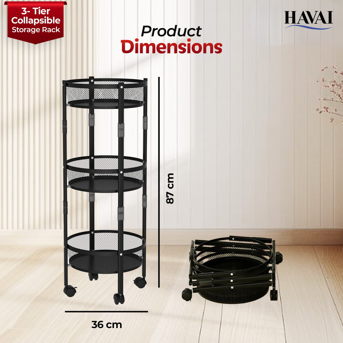 Havai 3 Tier Collapsible Storage Rack Trolley | Portable Mesh Basket Organizer with Wheels | Foldable Kitchen, Bathroom &amp; Bedroom Utility Cart for Home – Black
