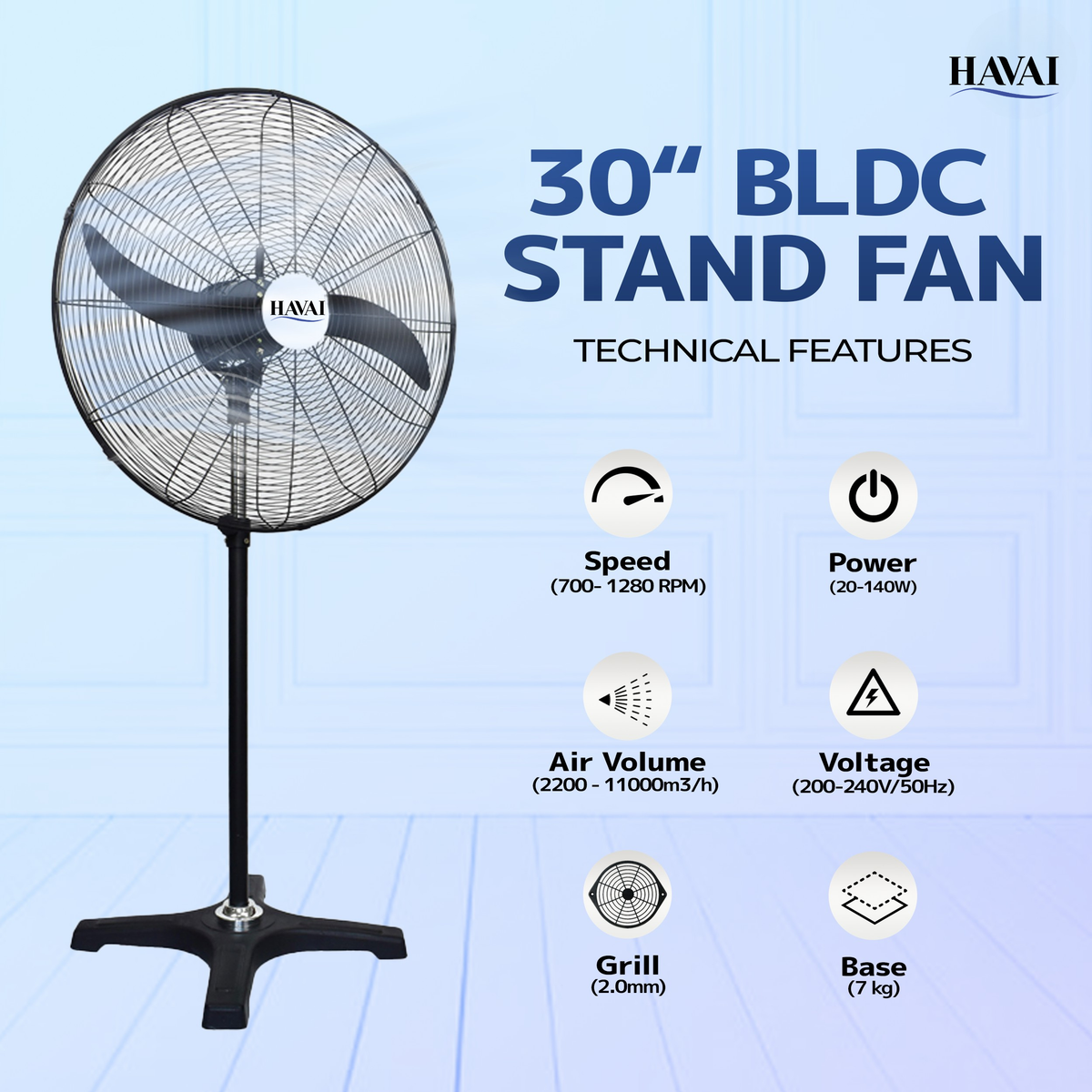 HAVAI BLDC Pedestal Fan 30 Inch, 50% Savings On Electricity, High Velocity, Heavy Duty Metal For Industrial, Commercial And Residential Use, Assembly Included , Black