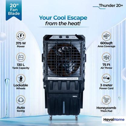 Thunder 20+ Desert Cooler |20 Inch Aluminum Blade |600 Feet Area Coverage|130 Litre Tank Capacity, Lockable Wheels, Auto Swing, Thick Dense Honeycomb, 1 Year Warranty|3 Speed Control