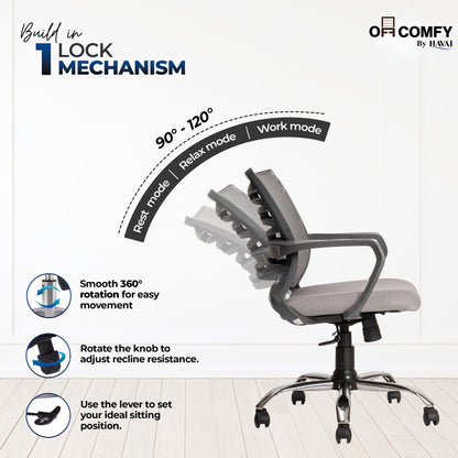 Navy Grey Low Back Ergonomic Mesh Office Chair |  Single Lock Tilt Mechanism | Mild Steel EPC Base | Class 4 Gaslift  | Fixed Armrests | 50mm Casters | Breathable Mesh Back