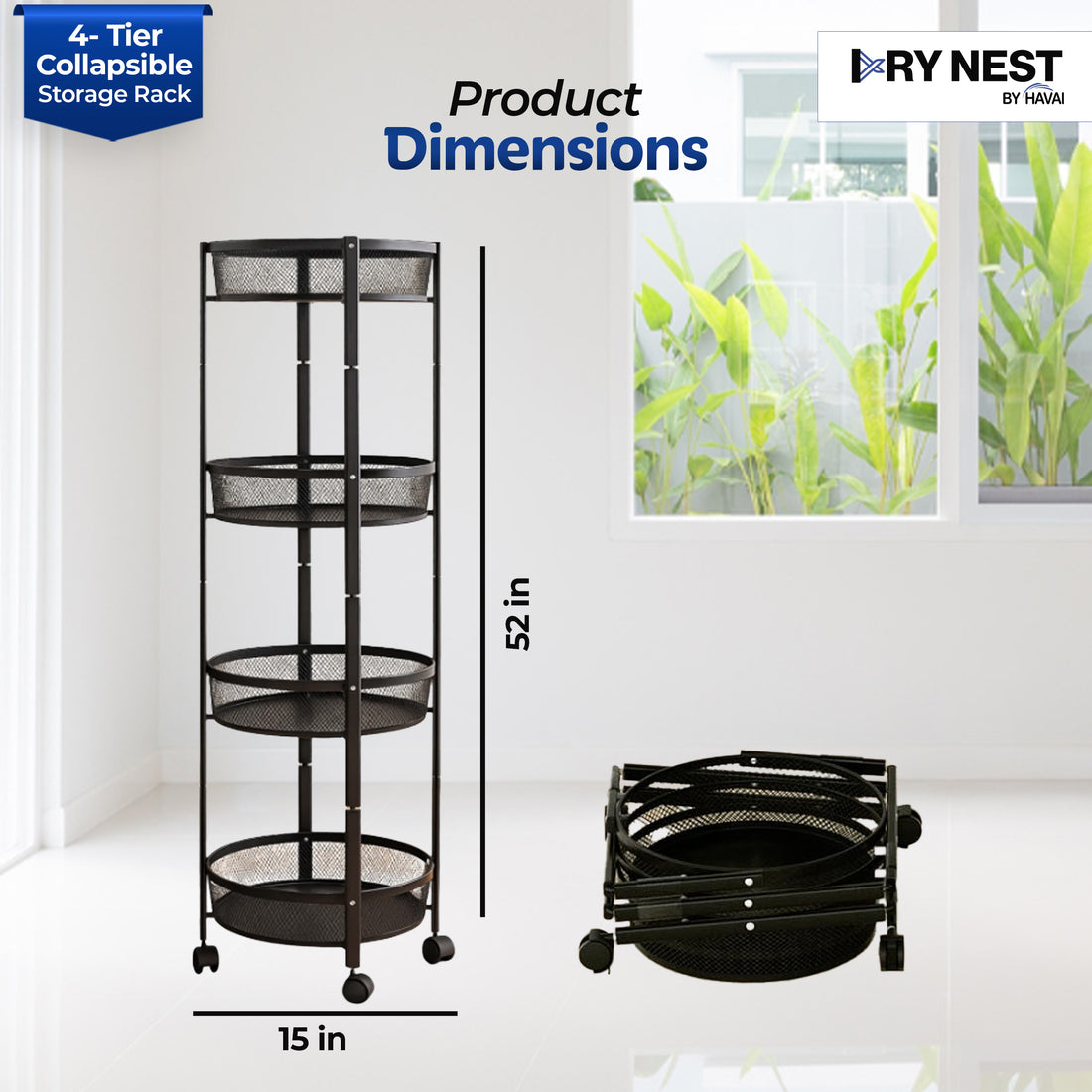 HAVAI 4 Tier Collapsible Storage Rack Trolley | Portable Mesh Basket Organizer with Wheels | Foldable Kitchen, Bathroom & Bedroom Utility Cart for Home – Black