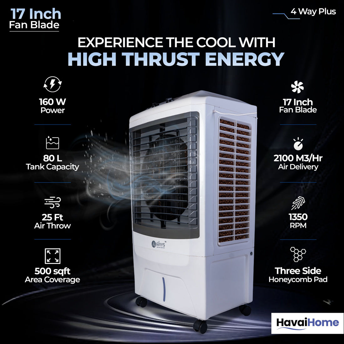 4 Way Plus Cooler | 17-Inch Fan Blade | High Thrust Energy | 500 Sq. Ft Area Coverage | 25-Foot Air Throw | 80 Litre Tank | Three-Side Honeycomb Pads | 1-Year Warranty | Sleek Design