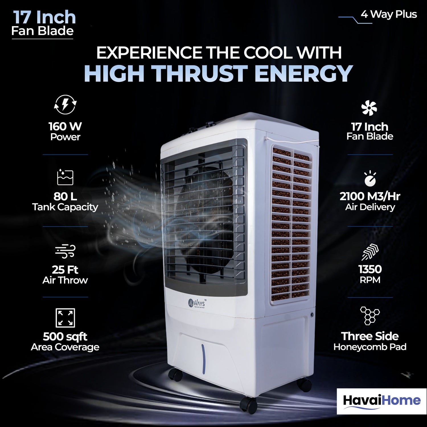 4 Way Plus Cooler | 17-Inch Fan Blade | High Thrust Energy | 500 Sq. Ft Area Coverage | 25-Foot Air Throw | 80 Litre Tank | Three-Side Honeycomb Pads | 1-Year Warranty | Sleek Design