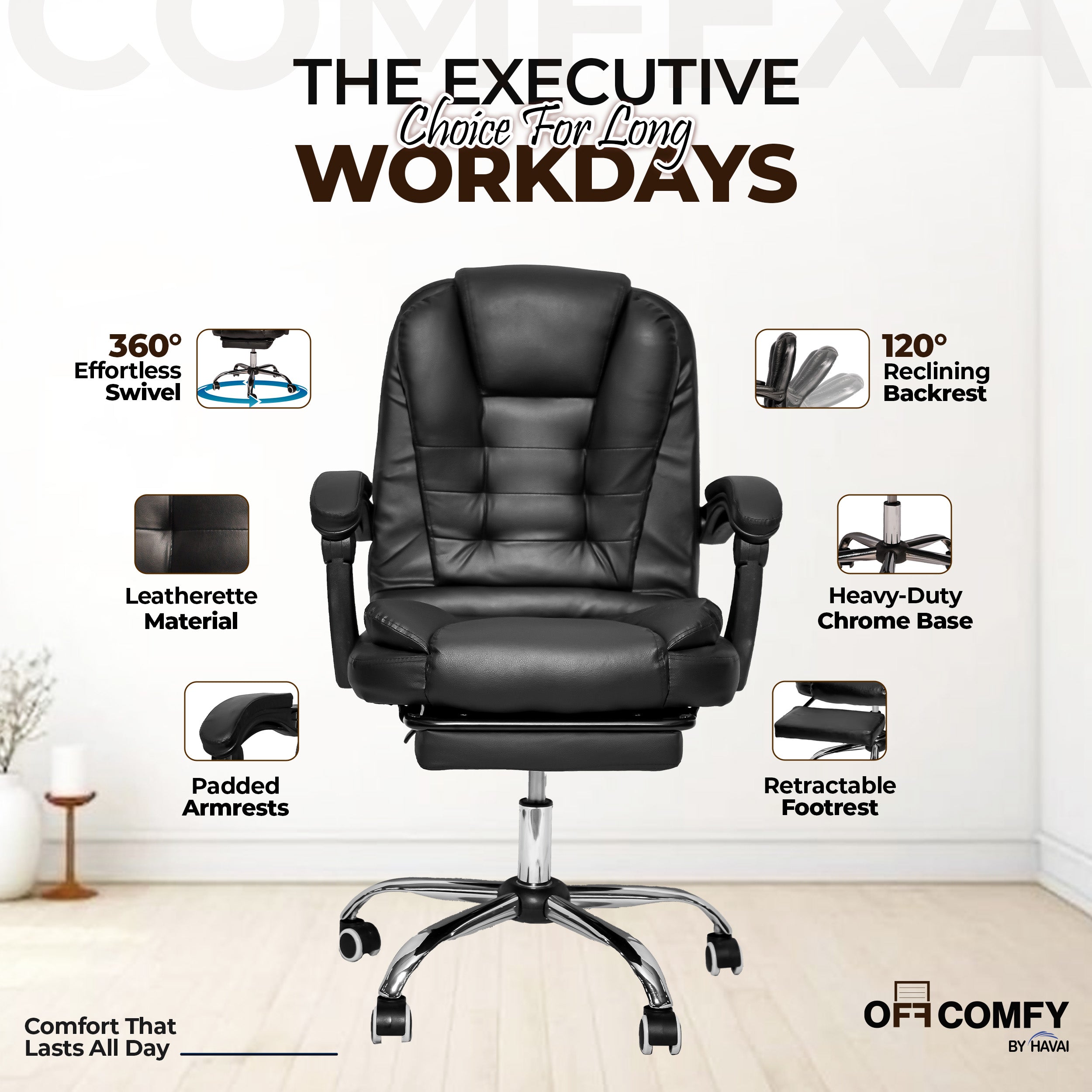 HAVAI Comfexa Executive Office Chair | Premium Recliner Chair with Footrest | Ergonomic High Back Cushion | PVC Leather Finish | Reclining &amp; Folding Mechanism | Class 2 Gas Lift | Nylon Base | Heavy Duty Office &amp; WFH Chair | Black
