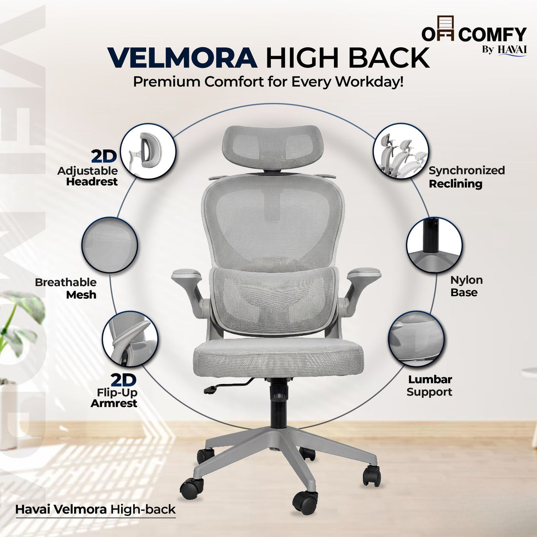 HAVAI Velmora Ergonomic Office Chair | High Back Mesh Chair with Reclining Mechanism, Adjustable Armrest, Headrest &amp; Lumbar Support | Nylon Base &amp; Wheels | Executive/WFH Chair (Grey)