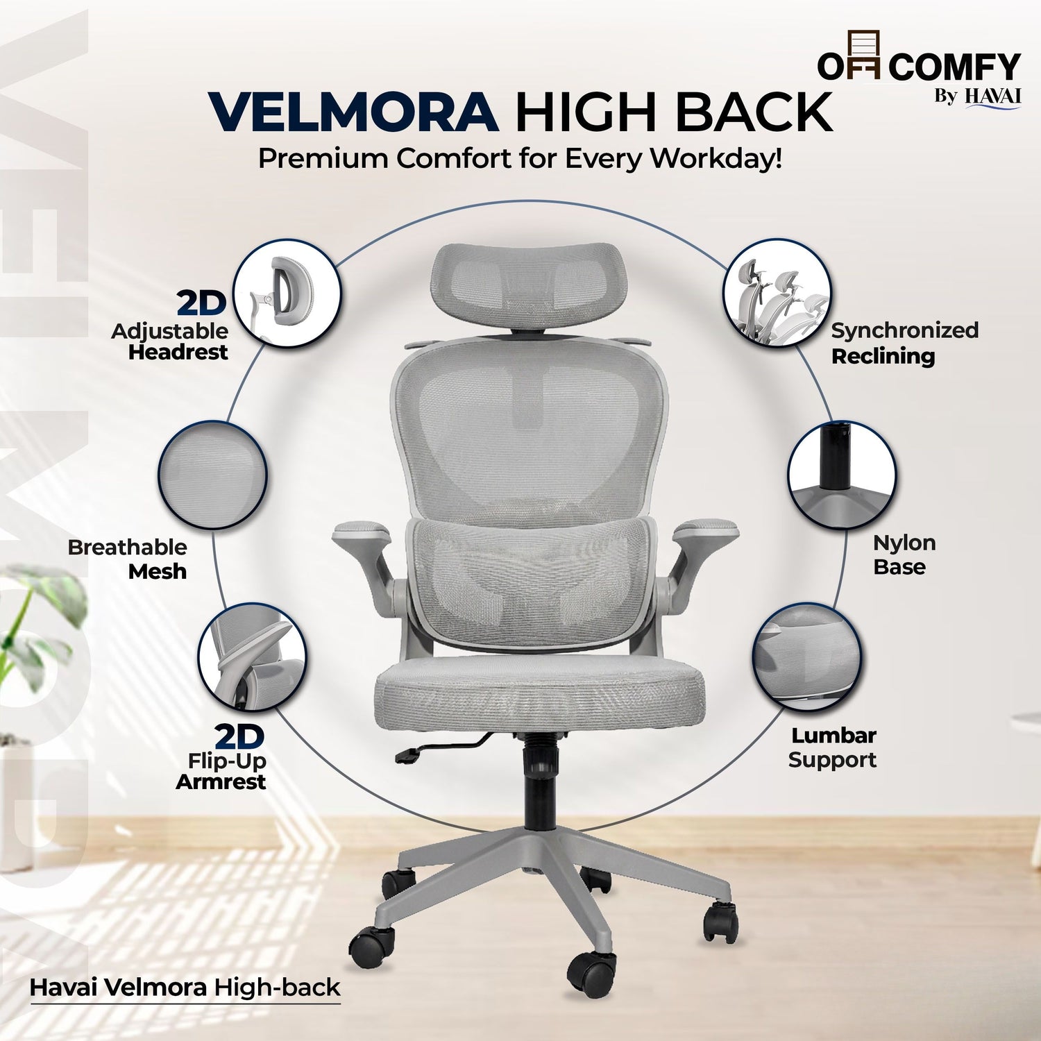 HAVAI Velmora Ergonomic Office Chair | High Back Mesh Chair with Reclining Mechanism, Adjustable Armrest, Headrest &amp; Lumbar Support | Nylon Base &amp; Wheels | Executive/WFH Chair (Grey)