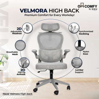 HAVAI Velmora Ergonomic Office Chair | High Back Mesh Chair with Reclining Mechanism, Adjustable Armrest, Headrest &amp; Lumbar Support | Nylon Base &amp; Wheels | Executive/WFH Chair (Grey)