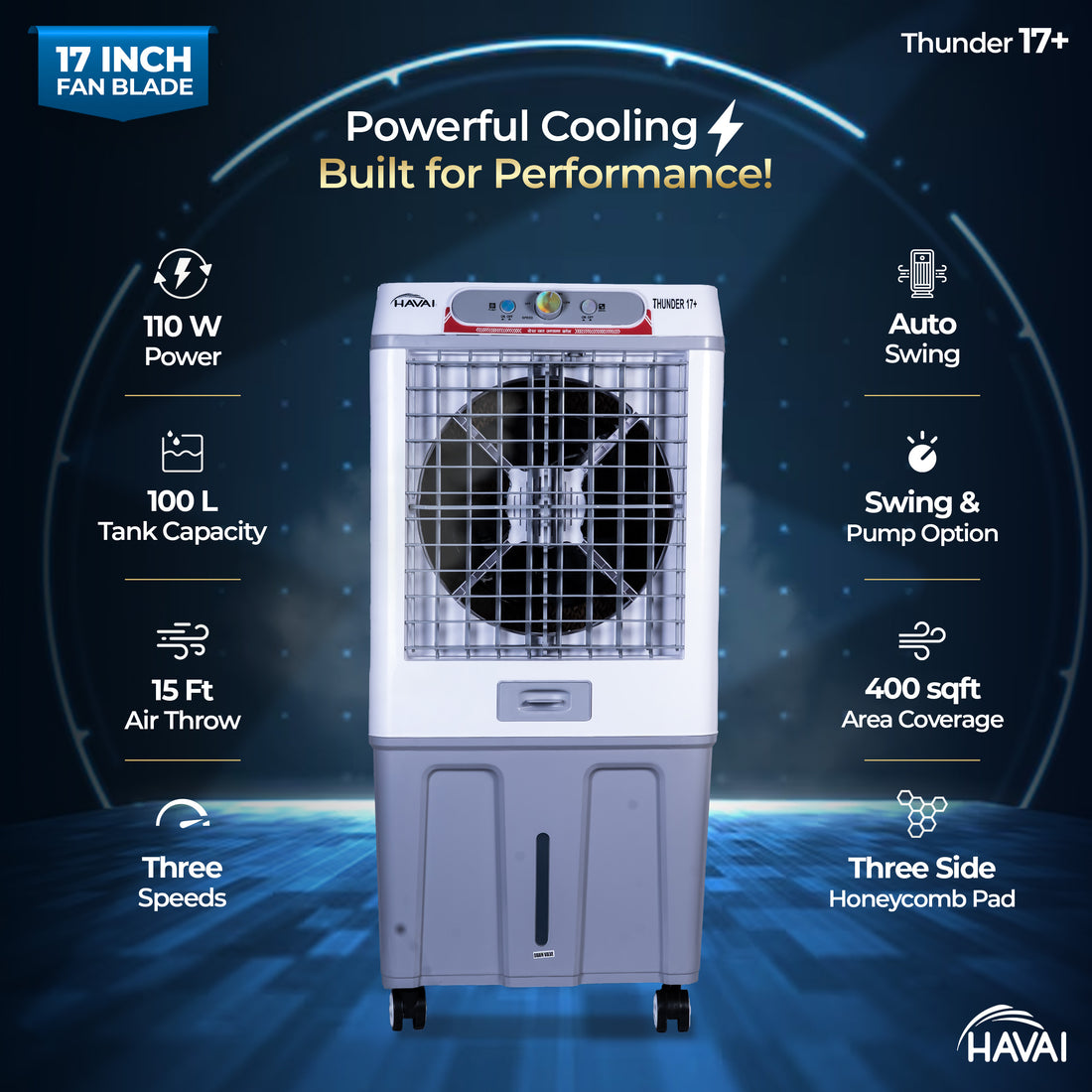 HAVAI Thunder 17+ Desert Cooler | 100L Tank | 17-Inch Fan Blade | 3-Side Honeycomb Pads | Heavy-Duty 110 Dia 32mm Motor | Auto Swing | 1-Year Motor Warranty &amp; Post-Warranty Service | White &amp; Brown
