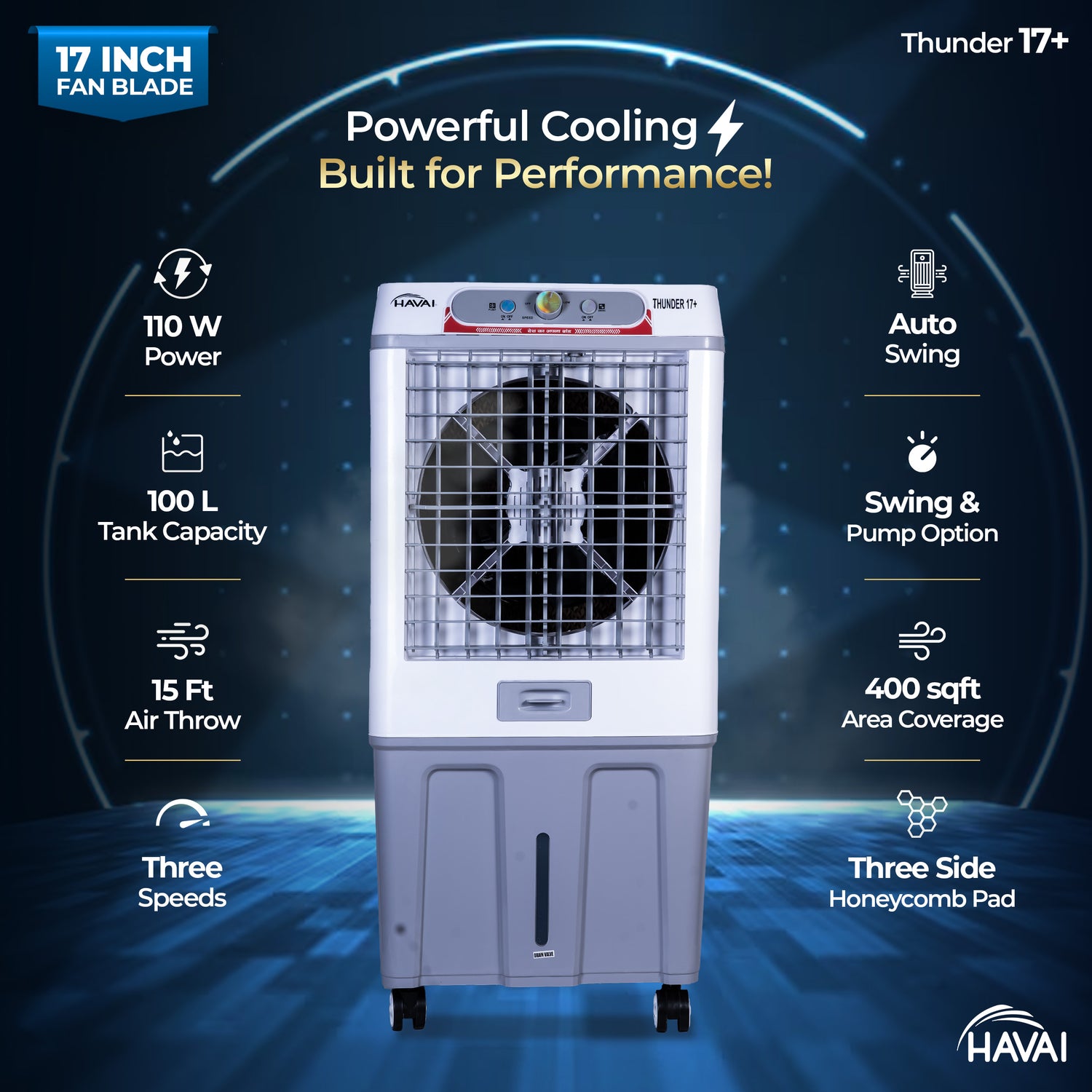 HAVAI Thunder 17+ Desert Cooler | 100L Tank | 17-Inch Fan Blade | 3-Side Honeycomb Pads | Heavy-Duty 110 Dia 32mm Motor | Auto Swing | 1-Year Motor Warranty &amp; Post-Warranty Service | White &amp; Brown