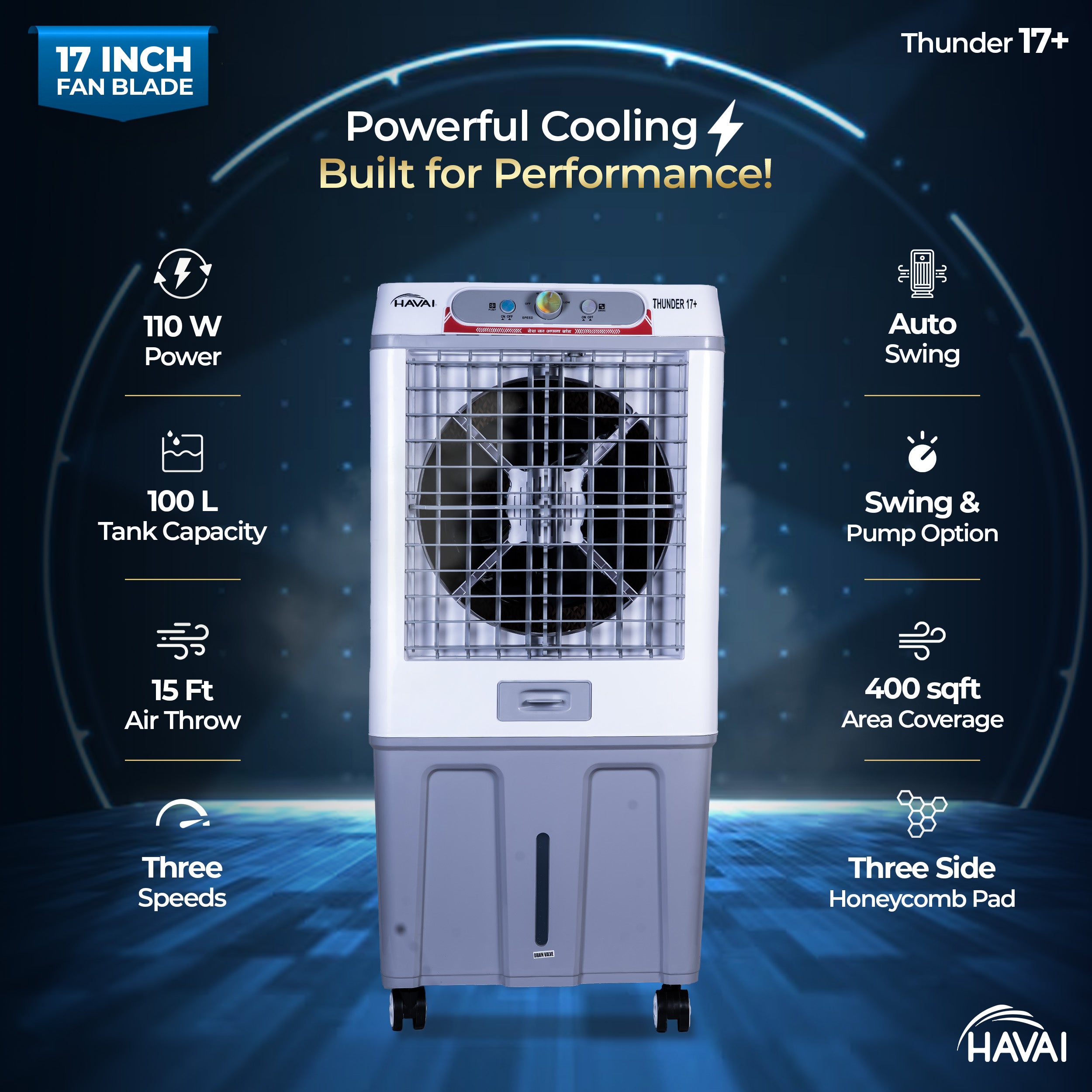 HAVAI Thunder 17+ Desert Cooler | 100L Tank | 17-Inch Fan Blade | 3-Side Honeycomb Pads | Heavy-Duty 110 Dia 32mm Motor | Auto Swing | 1-Year Motor Warranty &amp; Post-Warranty Service | White &amp; Brown