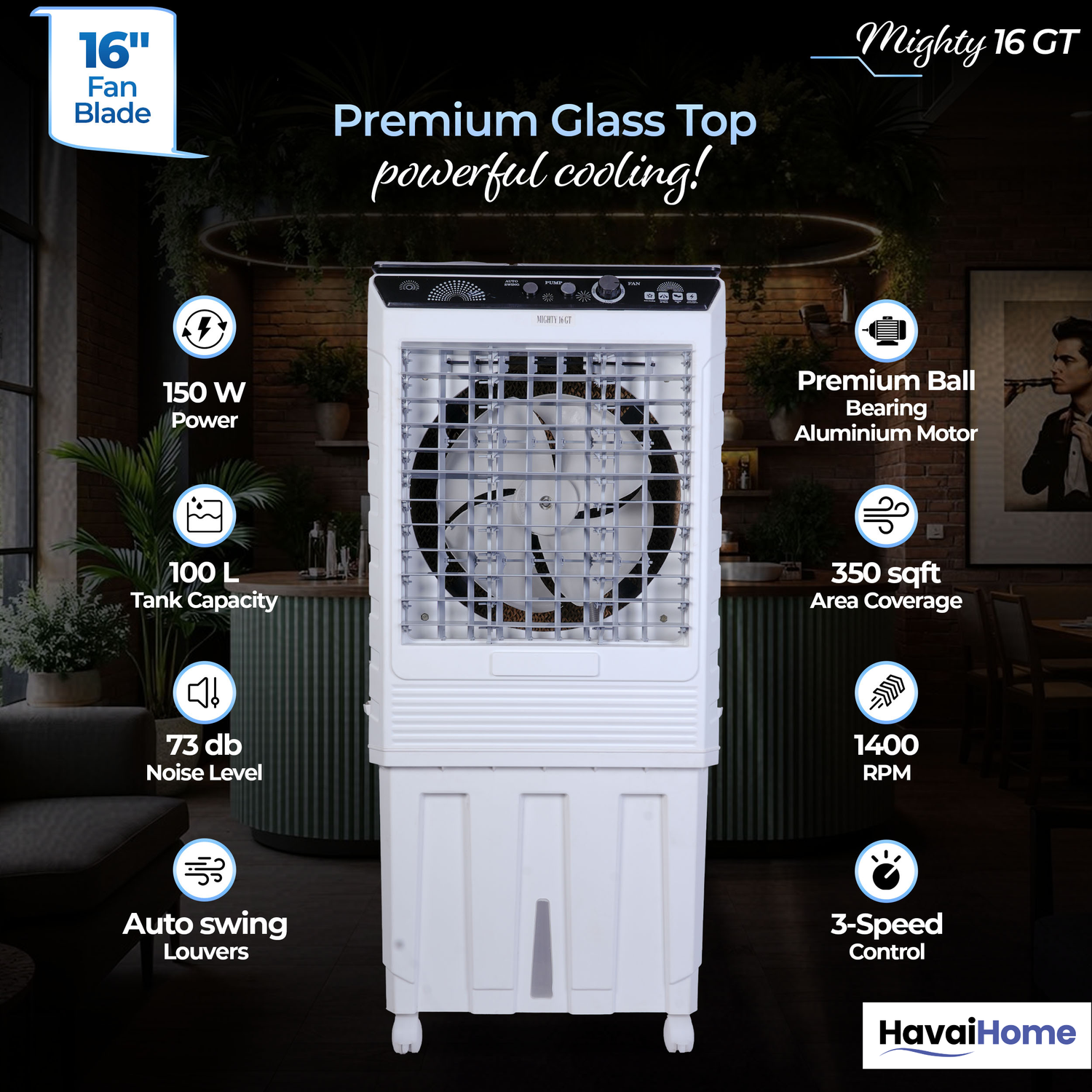 HAVAI Mighty 16 GT Glass Top Desert Air Cooler for Home &amp; Commercial Use | 16 Inch Fan, 100L Tank, 5190 m³/hr Air Delivery | 350 Sq Ft Coverage | Honeycomb Pads, Aluminium Motor, Low Noise | White &amp; Grey