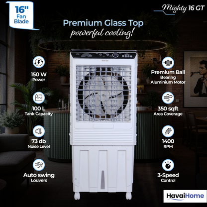 HAVAI Mighty 16 GT Glass Top Desert Air Cooler for Home &amp; Commercial Use | 16 Inch Fan, 100L Tank, 5190 m³/hr Air Delivery | 350 Sq Ft Coverage | Honeycomb Pads, Aluminium Motor, Low Noise | White &amp; Grey