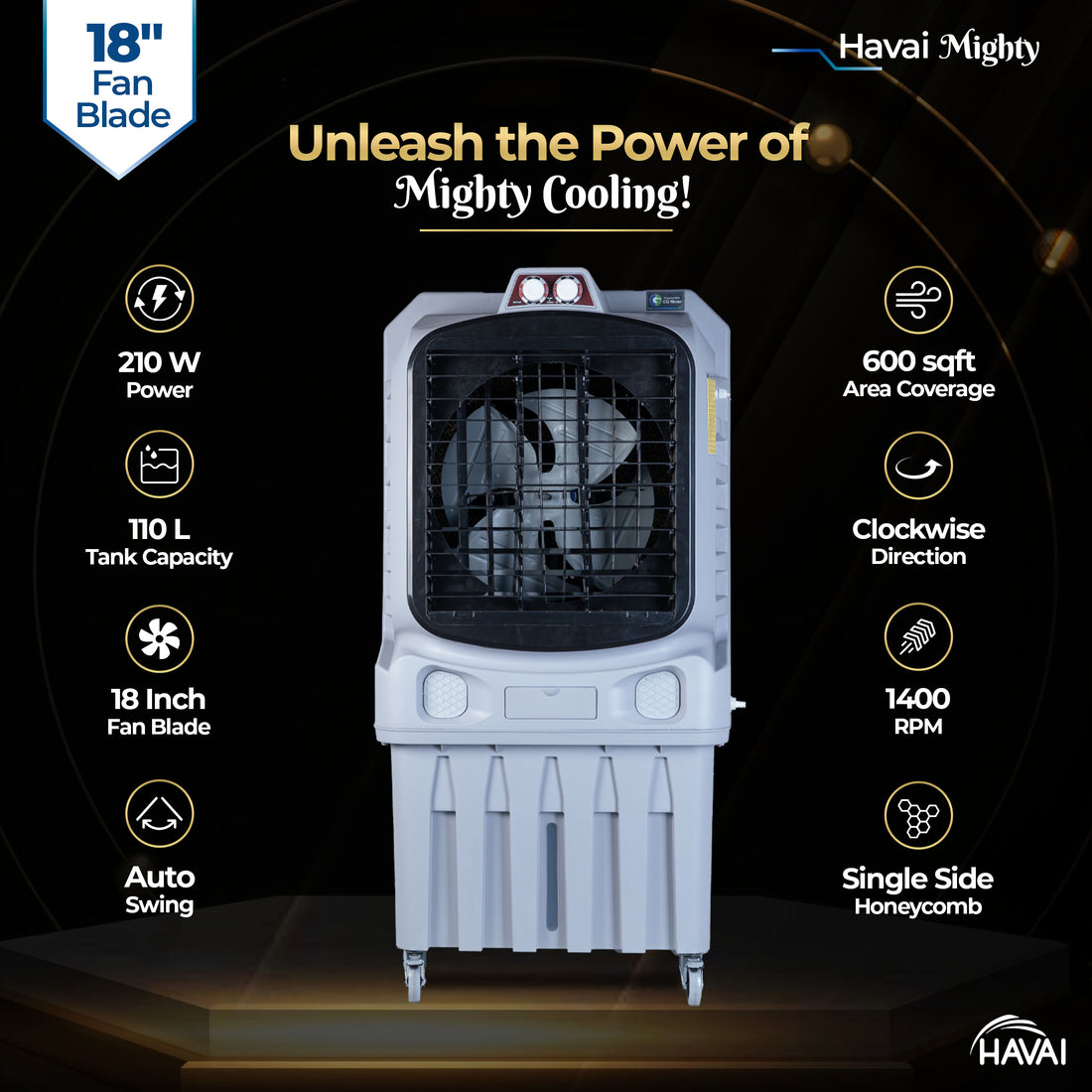 Havai Mighty 18&quot; Air Cooler | 18 Inch Blade | 110L Tank Capacity | 210W Power | 600 Sqft Coverage | Auto Swing | Back Honeycomb | Clockwise | Lockable Wheels