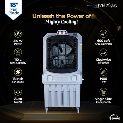Havai Mighty 18&quot; Air Cooler | 18 Inch Blade | 110L Tank Capacity | 210W Power | 600 Sqft Coverage | Auto Swing | Back Honeycomb | Clockwise | Lockable Wheels