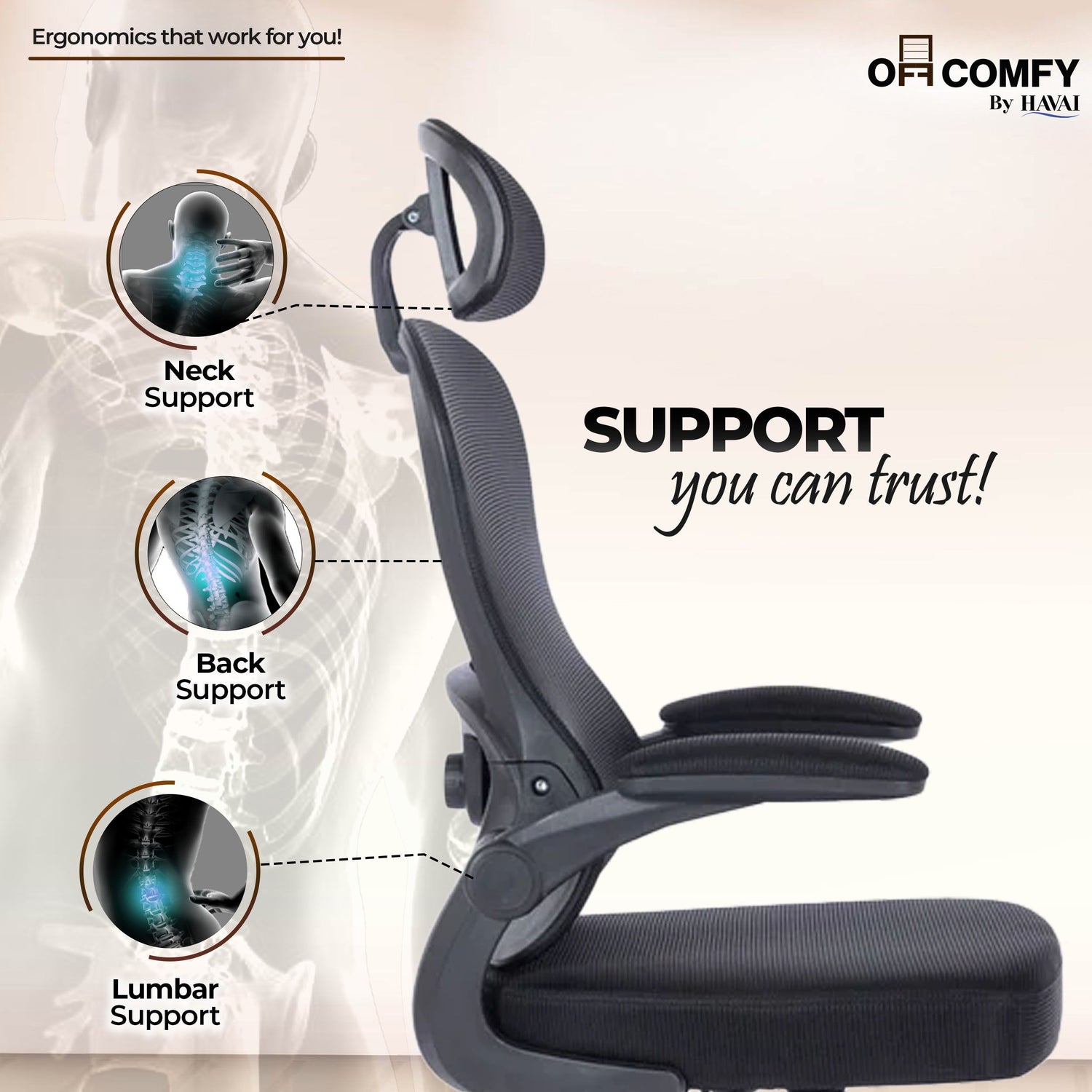 HAVAI LUMA BLACK Ergonomic Mesh Office Chair | Mid Back | Breathable Net Fabric | Height Adjustable | Class 2 Gas Lift | Nylon Base | Smooth Wheels | WFH &amp; Office (BLACK)