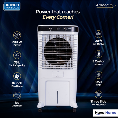 HAVAI Arizona 16 80L Desert Air Cooler with Ice Chamber | 16-Inch Aerodynamic Blade | 3-Side Thick Honeycomb Pads | 5 Castors for Extra Stability | 3300 m³/hr Air Delivery | 20 Ft Air Throw | 1 Year On-Site Warranty