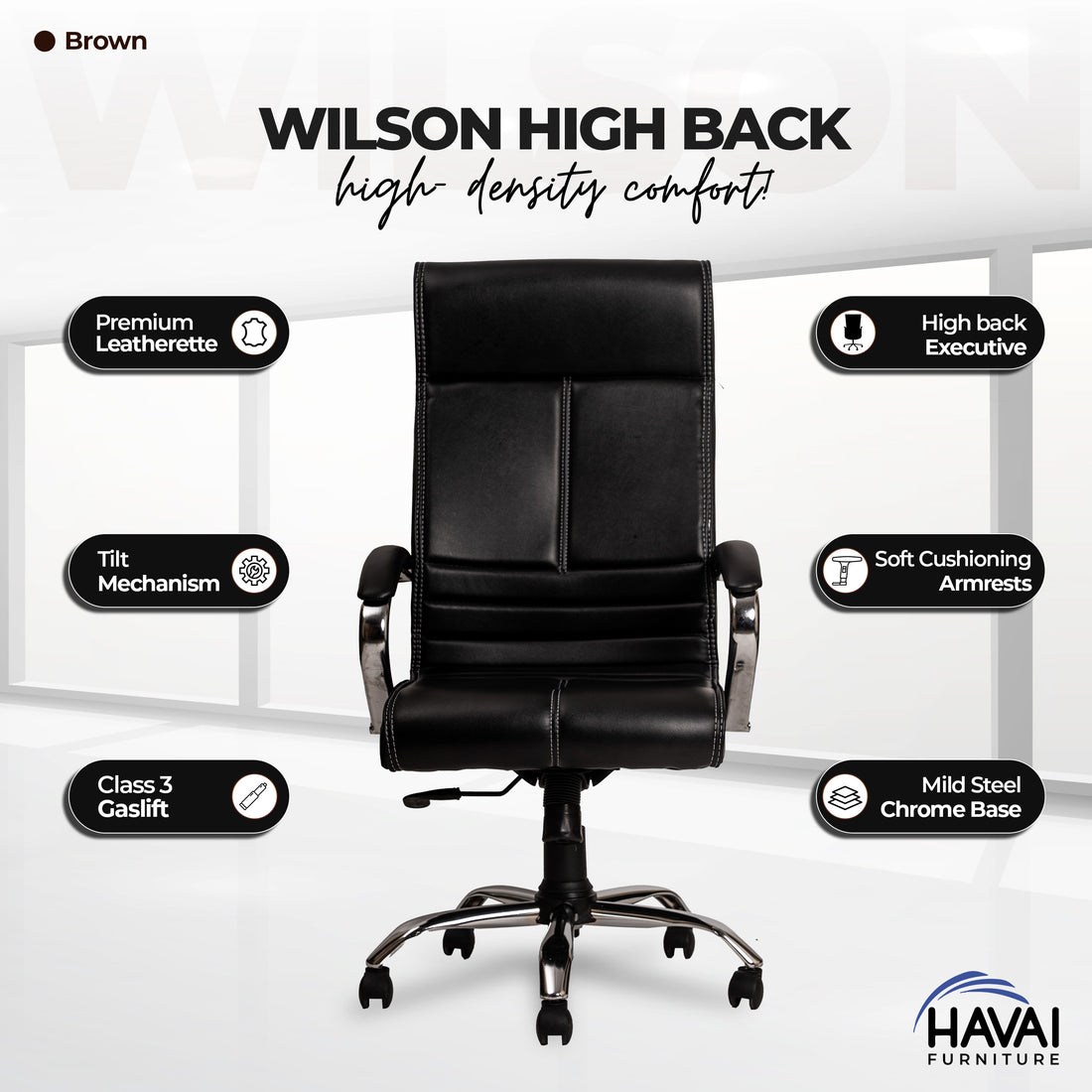 HAVAI Nova High Back Office Chair | Premium Leather | Ergonomic Executive Chair with Single Lock Tilt Mechanism |  Chrome Steel Base &amp; Arms | Class 4 Gaslift | 50mm Casters  | High-Density Cushioned Seat &amp; Back (Black)