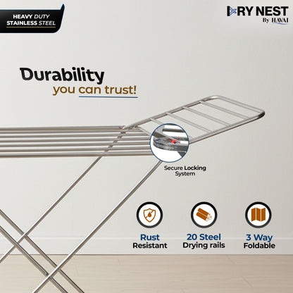 HAVAI DryNest 3.8 KG Heavy Duty Foldable Clothes Drying Stand | 20 Square Rust-Free Steel Rods | Strong Load Capacity | 3-Way Folding Laundry Airer | Space-Saving Indoor &amp; Balcony Clothes Stand | 1-Year Warranty