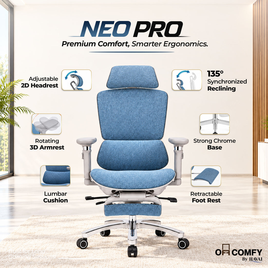 Havai Neo Pro Ergonomic Office Chair with Adjustable Lumbar &amp; Legrest | 3D Adjustable Armrests | Fully Cushioned Seat | Adjustable Headrest | Adjustable Backrest | Adjustable Lumbar Support | Reclining Function | Extendable Leg Rest | Ergonomic Design