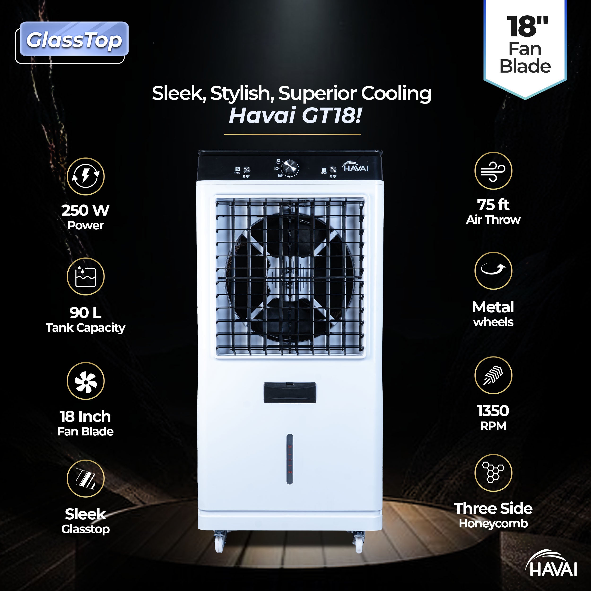 HAVAI Premium Glass Top GT 18 Air Cooler | 90L Tank Capacity | 18&quot; Fan Blade | 250W Power | 75ft Air Throw | 3-Side Honeycomb Cooling | Sleek Glass Top Design | 4 Castor Wheels