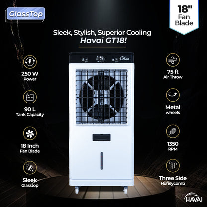 HAVAI Premium Glass Top GT 18 Air Cooler | 90L Tank Capacity | 18&quot; Fan Blade | 250W Power | 75ft Air Throw | 3-Side Honeycomb Cooling | Sleek Glass Top Design | 4 Castor Wheels