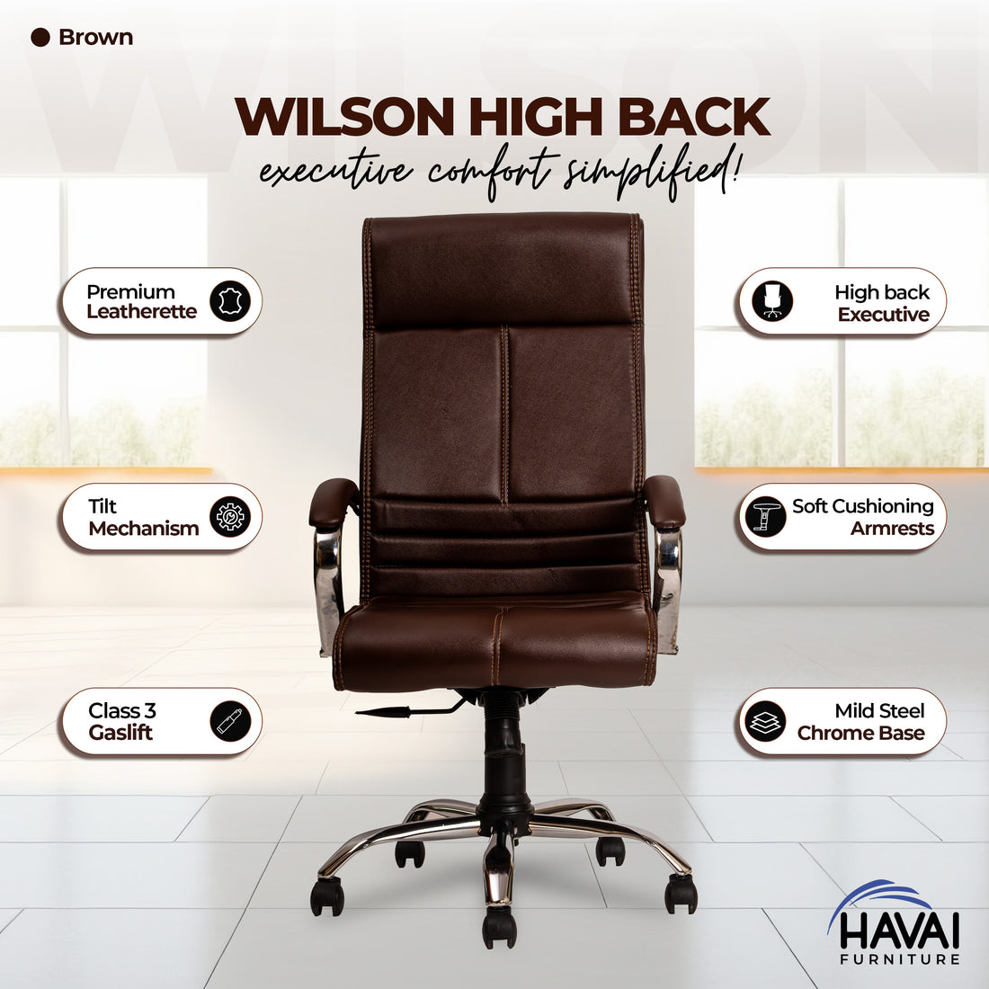 HAVAI Nova High Back Office Chair | Premium Leather | Ergonomic Executive Chair with Single Lock Tilt Mechanism |  Chrome Steel Base &amp; Arms | Class 4 Gaslift | 50mm Casters  | High-Density Cushioned Seat &amp; Back (Brown)