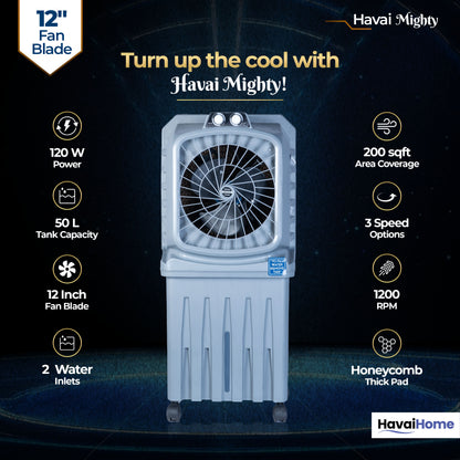 Mighty 12 Personal Air Cooler | 12 inch Blade | 50L Tank Capacity, 120W Power, 200 Sq. Ft. Area Coverage | 15 Ft. Air Throw, 3-Speed Control, Grey