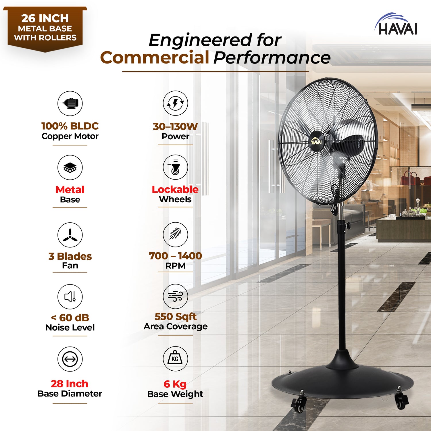 HAVAI 26-Inch Commercial BLDC Pedestal Fan (30–130W) | 2mm Aluminium Blades | Heavy-Duty Metal Base with 4 Lockable Industrial Wheels | Fingerproof Grill | High Airflow | 2-Year On-Site Warranty