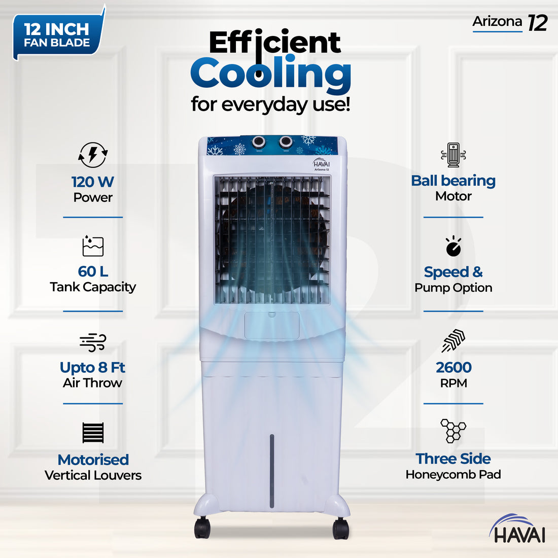 HAVAI Arizona 12 Personal Air Cooler | 12-Inch Fan | 60L Water Tank | Air Throw up to 8 Feet | 2000 m³/hr Air Delivery | 3-Side Honeycomb Pads | Motorised Louvers | Energy Efficient 120W | White