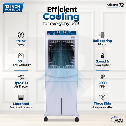 HAVAI Arizona 12 Personal Air Cooler | 12-Inch Fan | 60L Water Tank | Air Throw up to 8 Feet | 2000 m³/hr Air Delivery | 3-Side Honeycomb Pads | Motorised Louvers | Energy Efficient 120W | White