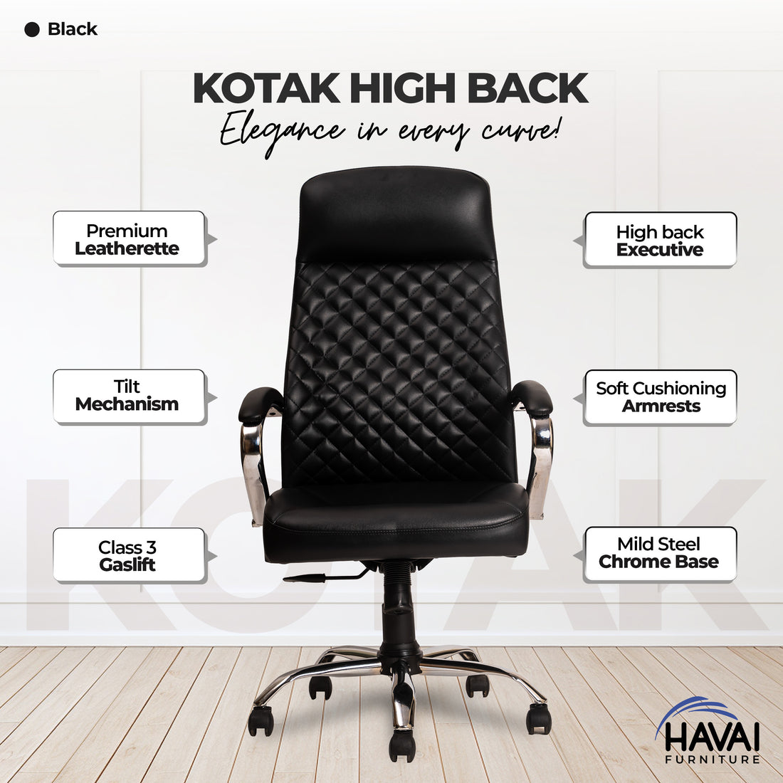 HAVAI Prime High Back Office Chair | Ergonomic Executive Chair |  Premium Leather | Single Lock Tilt Mechanism |  Mild Steel Chrome Base &amp; Arms | Class 4 Gaslift |  50mm Casters | High-Density Back &amp; Seat Cushion (Black)