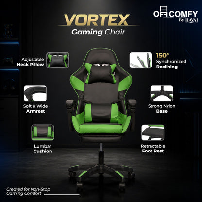 HAVAI Vortex GREEN Gaming Chair | Ergonomic High Back Computer Chair with Linkage Armrests | Reclining &amp; Folding Backrest | Premium 0.55mm PVC Upholstery | High Density Foam Cushion | Class 1 Gas Lift | 320mm Nylon Base | (Green &amp; Black)