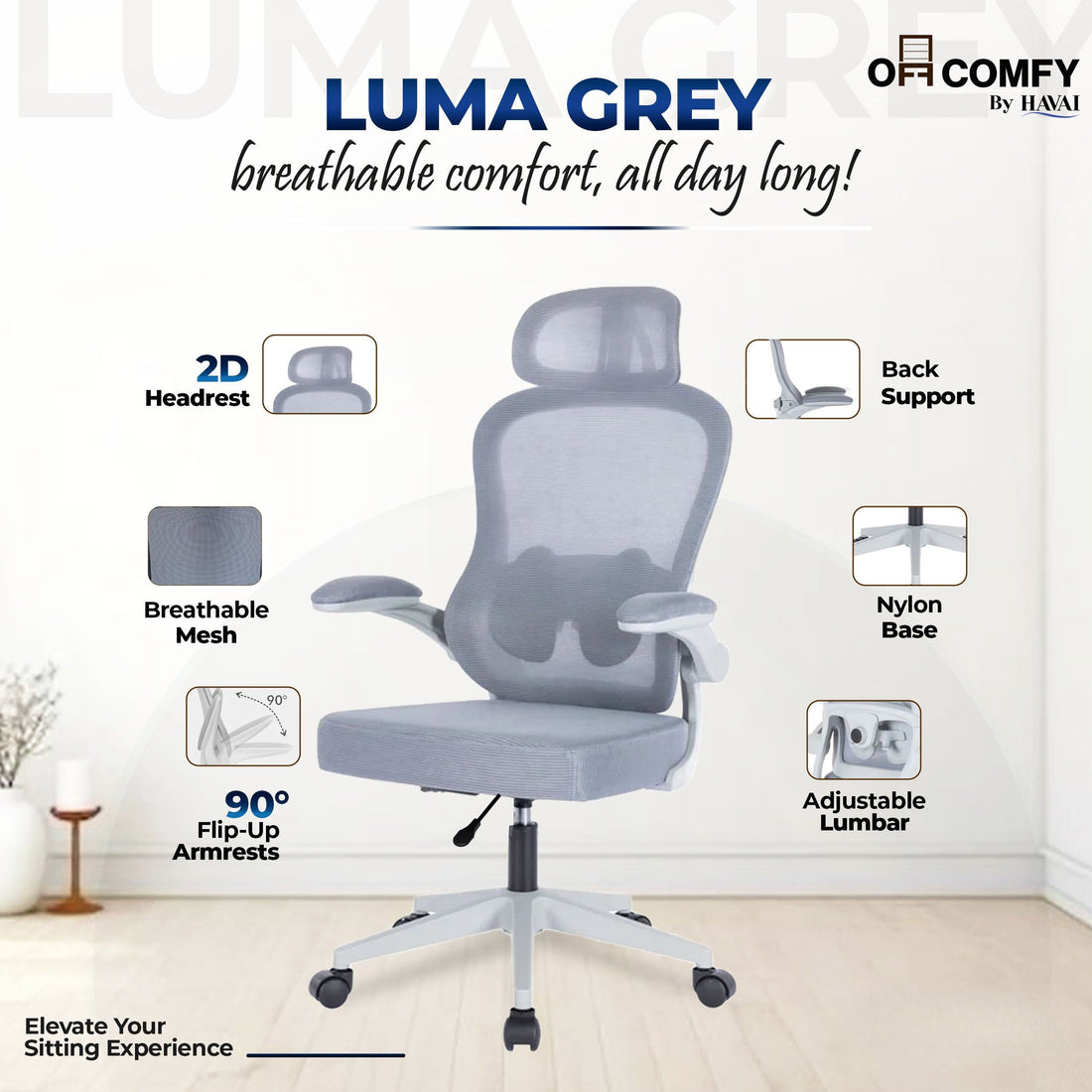 HAVAI LUMA GREY Ergonomic Mesh Office Chair | Mid Back | Breathable Net Fabric | Height Adjustable | Class 2 Gas Lift | Nylon Base | Smooth Wheels | WFH &amp; Office