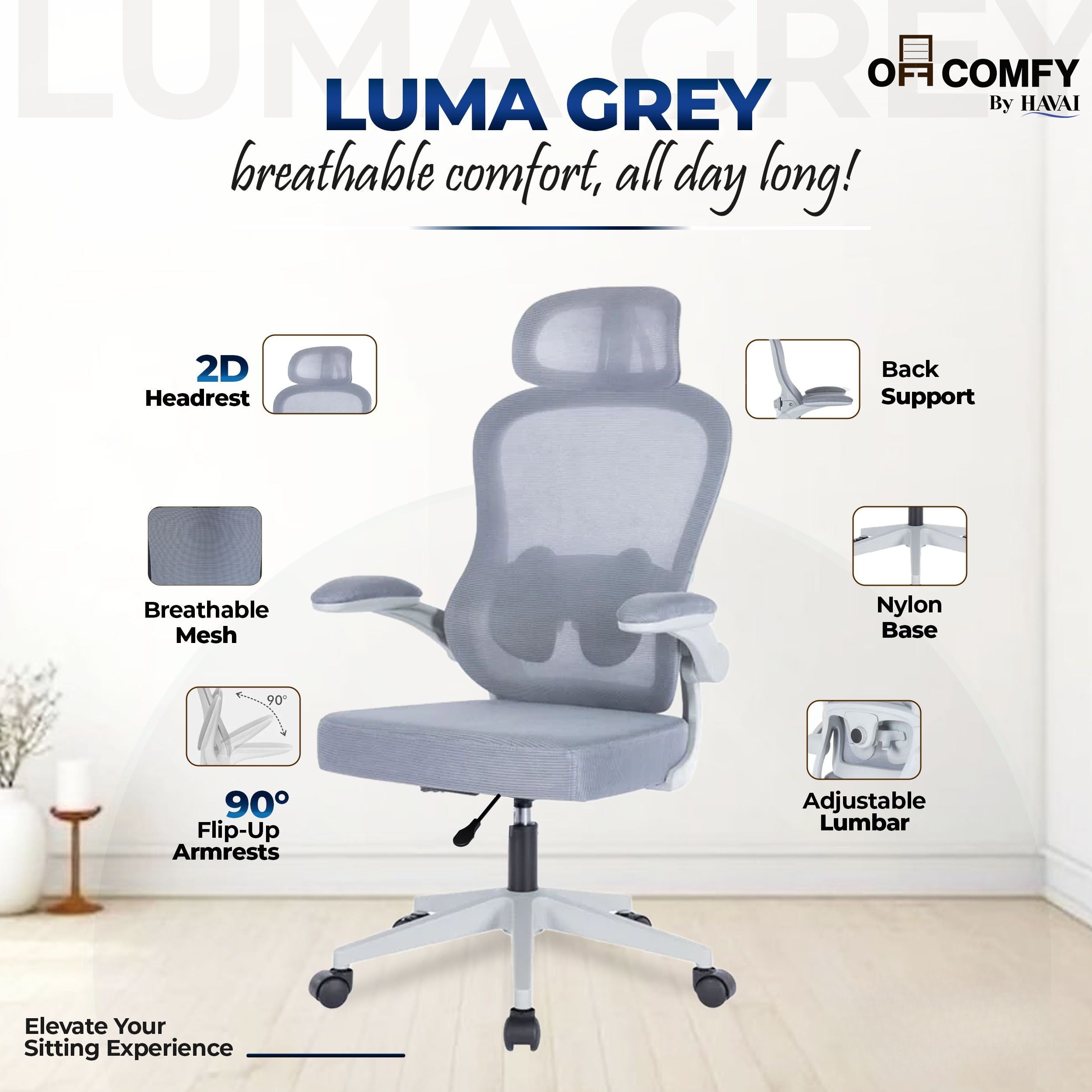 HAVAI LUMA GREY Ergonomic Mesh Office Chair | Mid Back | Breathable Net Fabric | Height Adjustable | Class 2 Gas Lift | Nylon Base | Smooth Wheels | WFH &amp; Office