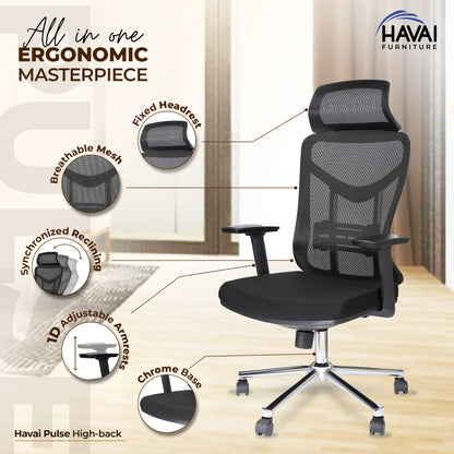 HAVAI Pulse High Back Ergonomic Mesh Office Chair |  Multi-Lock Tilt Mechanism | Chrome Base| Breathable Mesh Back | Fixed Headrest (Black)