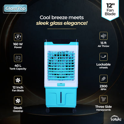 HAVAI Premium Glass Top GT 12 | 12&quot; Fan Blade | 40 Litre Tank Capacity | 160W Power | 15ft Air Throw | 3-Side Honeycomb Cooling | Sleek Glass Top Design | 4 Castor Wheels (BLUE)