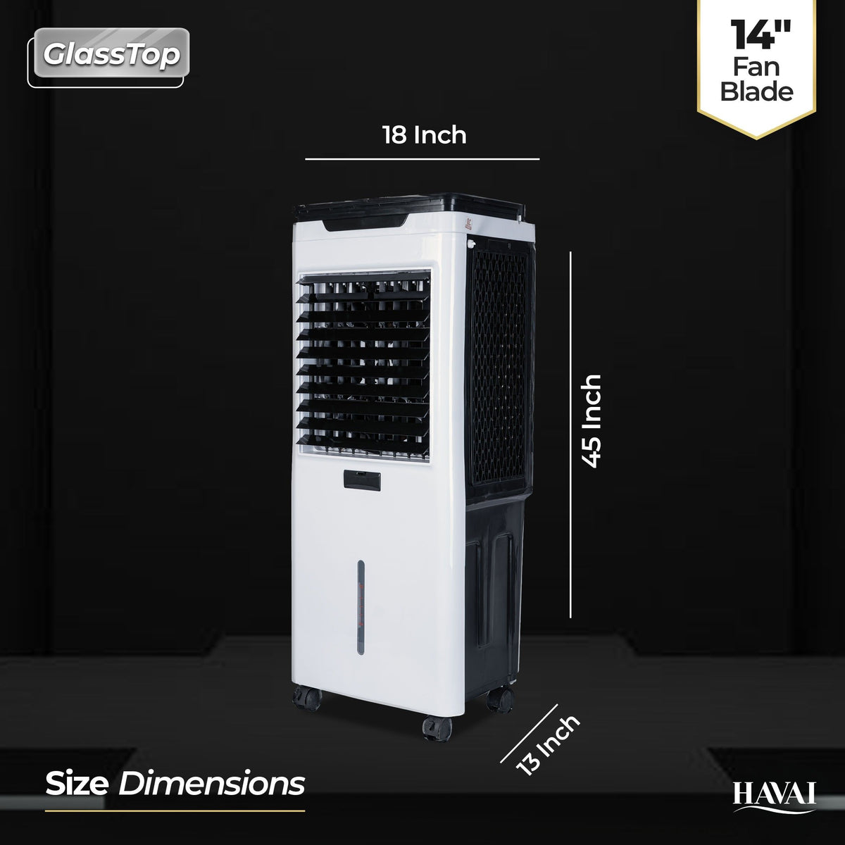 HAVAI Premium Glass Top GT 14 Air Cooler | 60L Tank Capacity | 14" Fan Blade | 170W Power | 20ft Air Throw | 3-Side Honeycomb Cooling | Sleek Glass Top Design | 4 Castor Wheels