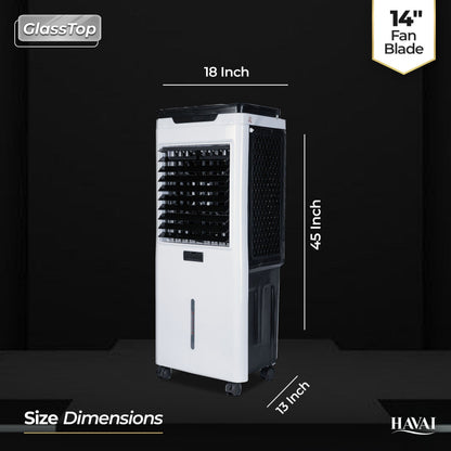 HAVAI Premium Glass Top GT 14 Air Cooler | 60L Tank Capacity | 14" Fan Blade | 170W Power | 20ft Air Throw | 3-Side Honeycomb Cooling | Sleek Glass Top Design | 4 Castor Wheels