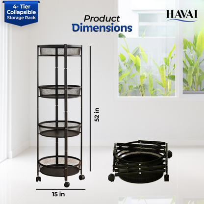 Havai 4 Tier Collapsible Storage Rack Trolley | Portable Mesh Basket Organizer with Wheels | Foldable Kitchen, Bathroom &amp; Bedroom Utility Cart for Home – Black