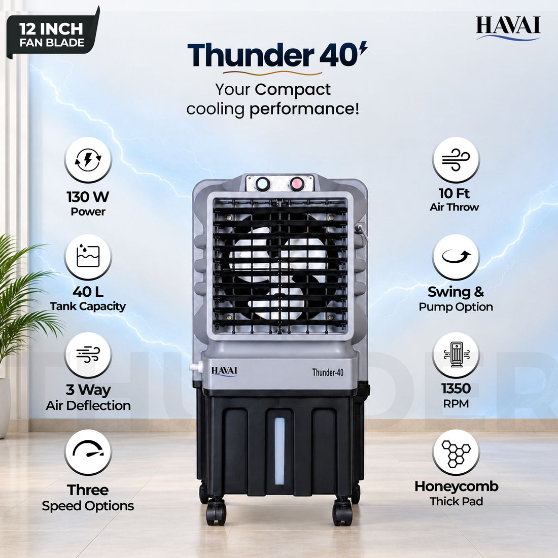 Thunder 12 inch Tower Air Cooler | 40L Tank |150 sq ft Rooms |10 ft Throw | 12-Inch Fan Blade | 40L Large Tank | Honeycomb Pad | 10 Ft Air Throw | 1 Year On-Site Warranty| Auto Louver | 3 Speed