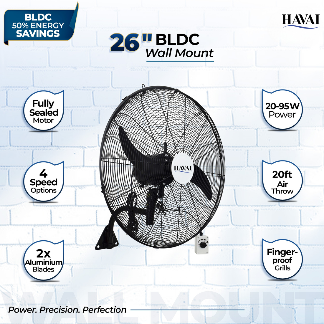 BLDC Wall Mount Fan 26 inch, 50% Savings on Electricity, High Velocity, Heavy Duty Metal for Industrial, Commercial and Residential Use, Assembly Included