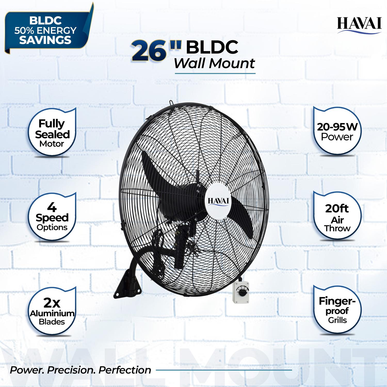 BLDC Wall Mount Fan 26 inch, 50% Savings on Electricity, High Velocity, Heavy Duty Metal for Industrial, Commercial and Residential Use, Assembly Included