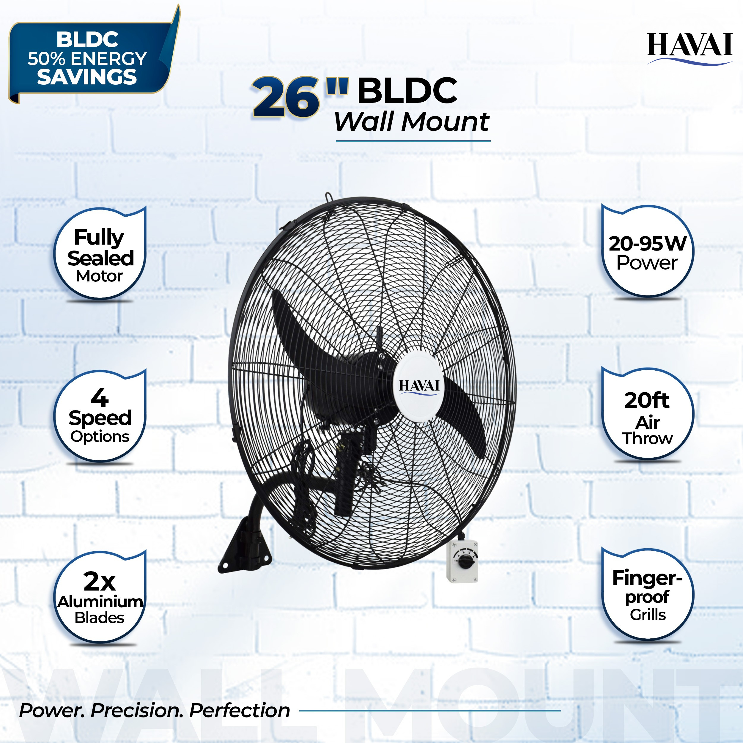 BLDC Wall Mount Fan 26 inch, 50% Savings on Electricity, High Velocity, Heavy Duty Metal for Industrial, Commercial and Residential Use, Assembly Included